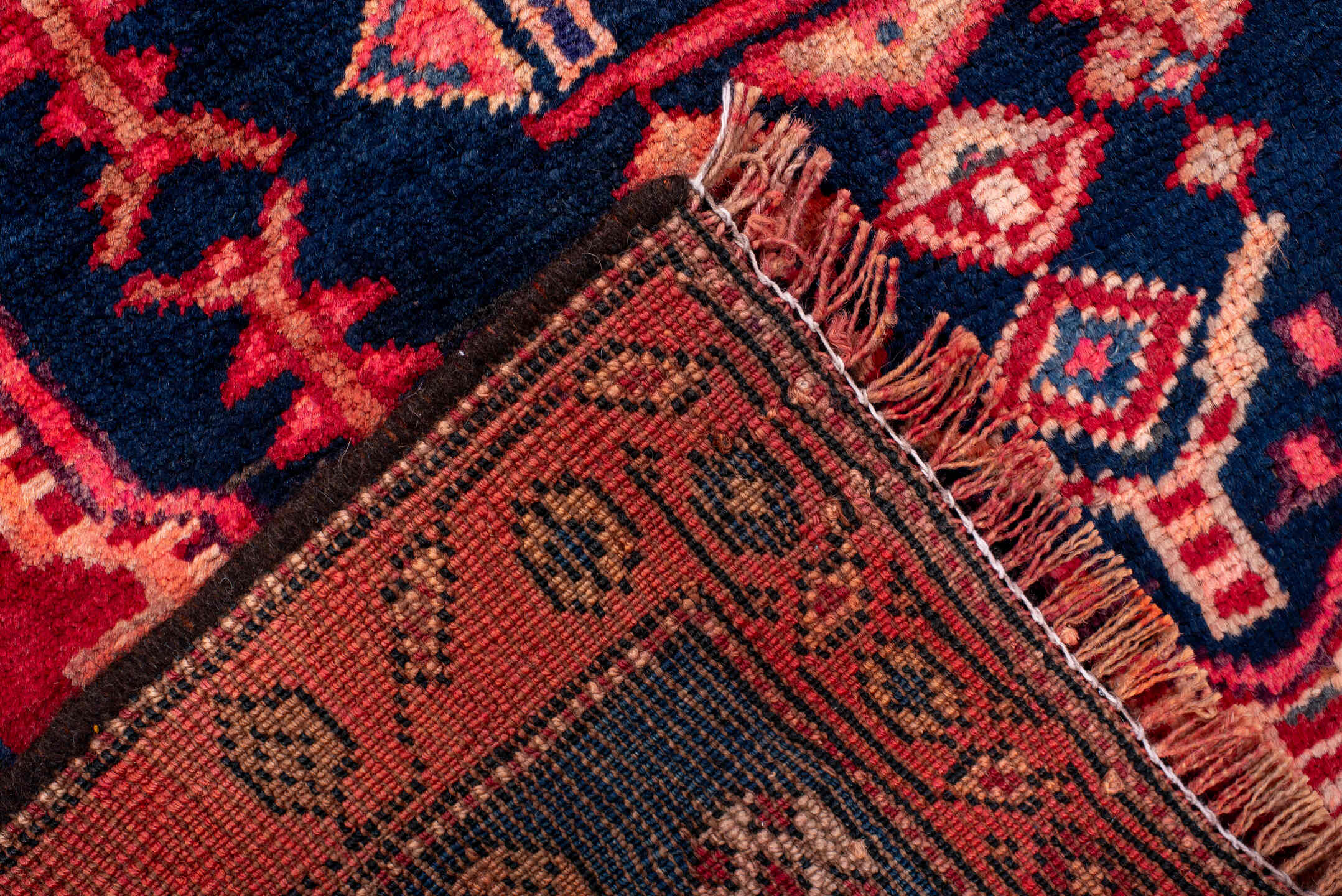 3' x 7' one-of-a-kind handmade vintage Kurd runner rug. Color palette: blue, brown, gray, pink, red