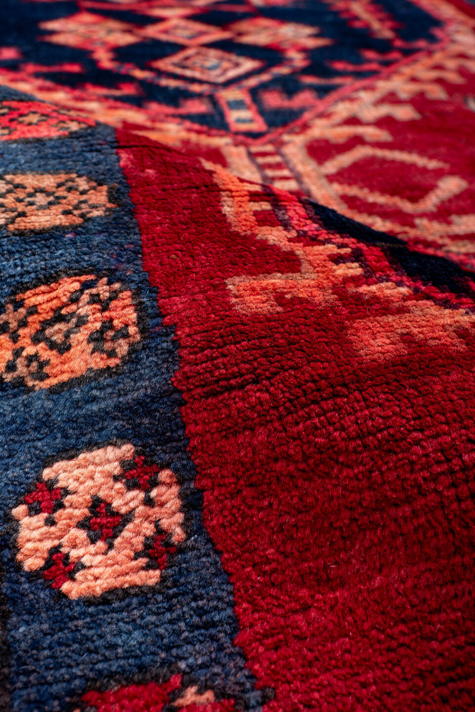 3' x 7' one-of-a-kind handmade vintage Kurd runner rug. Color palette: blue, brown, gray, pink, red