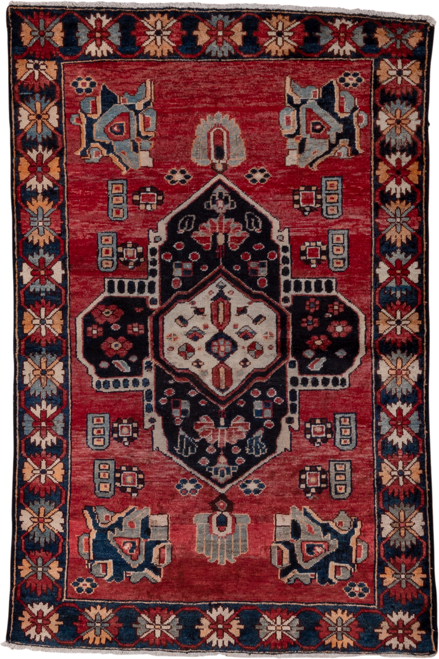 4' x 6' one-of-a-kind handmade vintage Mahal small size rug. Color palette: rose, navy, ivory, slate, crimson, peach, pink