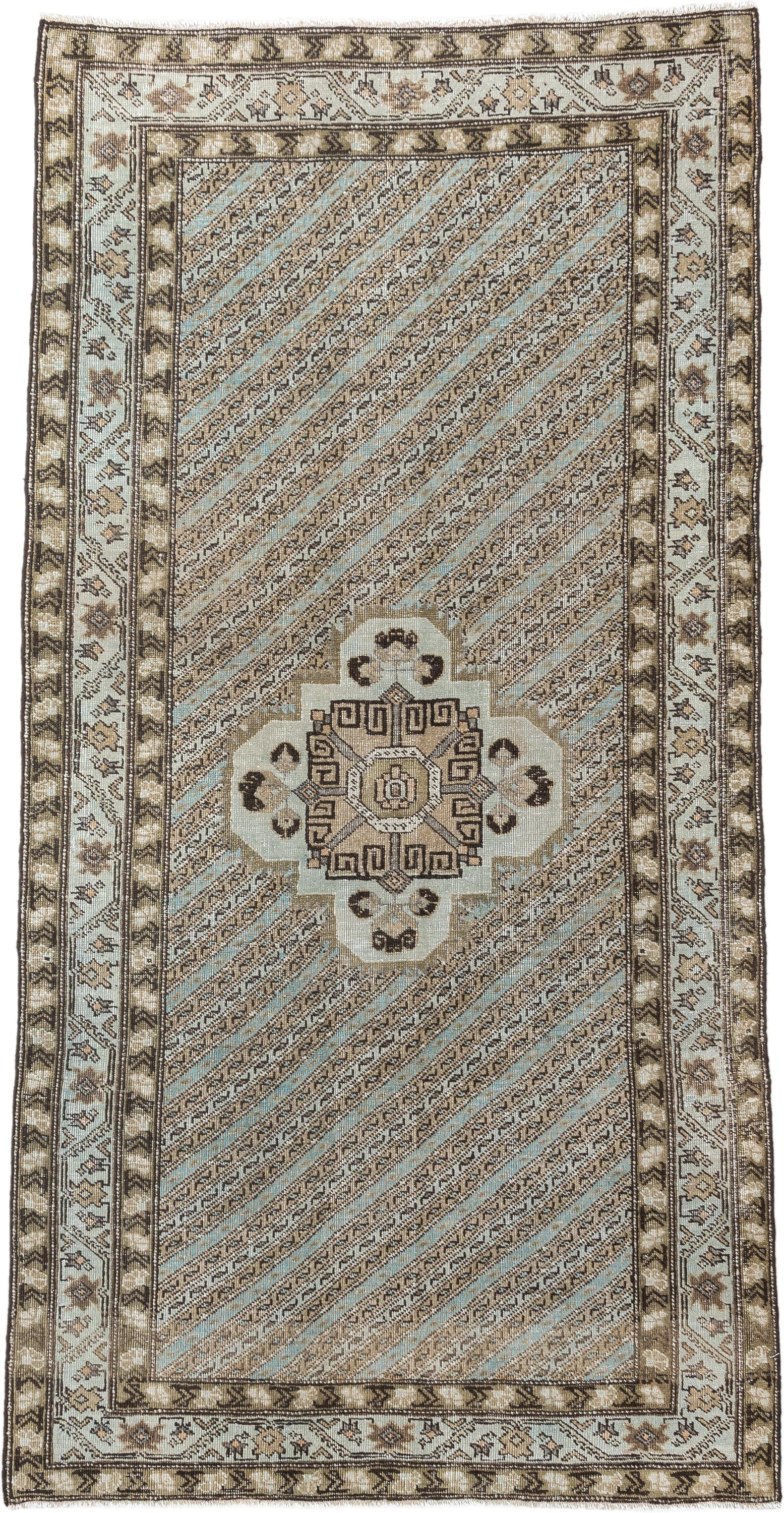 3' x 6' one-of-a-kind handmade antique Malayer small size rug. Color palette: ivory, taupe, camel, pale sky blue, brown