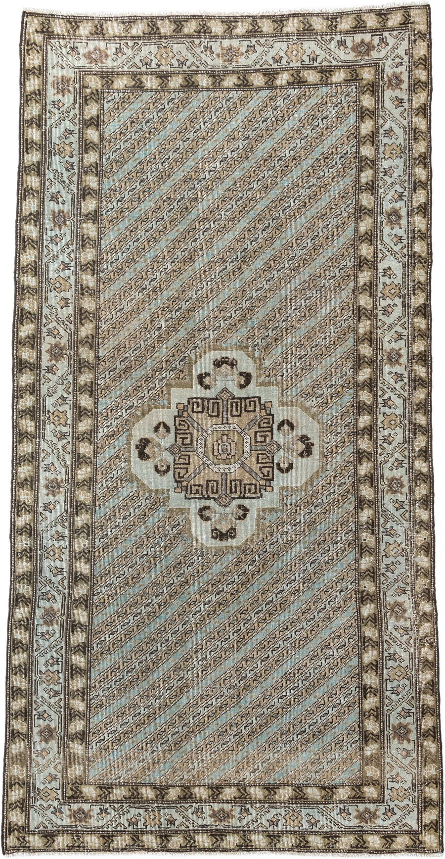 3' x 6' one-of-a-kind handmade antique Malayer small size rug. Color palette: ivory, taupe, camel, pale sky blue, brown