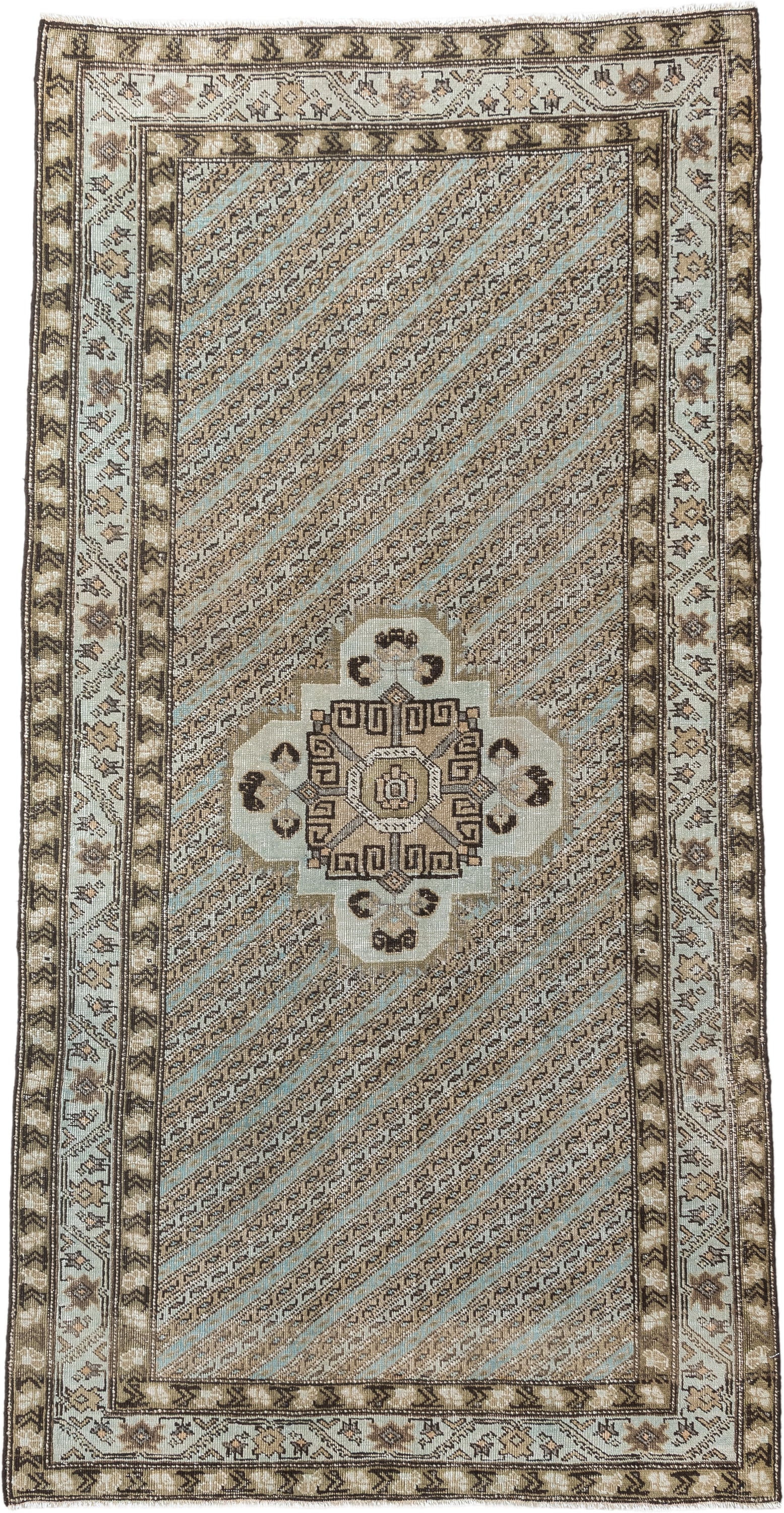 3' x 6' one-of-a-kind handmade antique Malayer small size rug. Color palette: ivory, taupe, camel, pale sky blue, brown