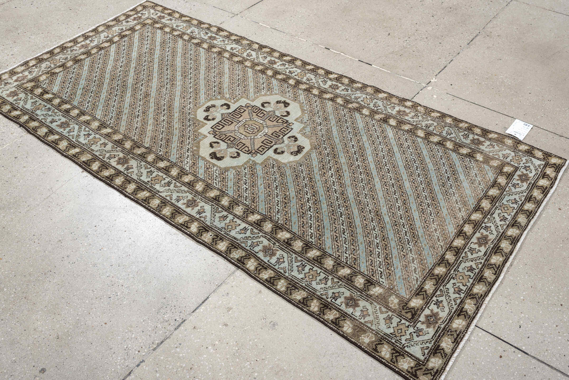 3' x 6' one-of-a-kind handmade antique Malayer small size rug. Color palette: ivory, taupe, camel, pale sky blue, brown
