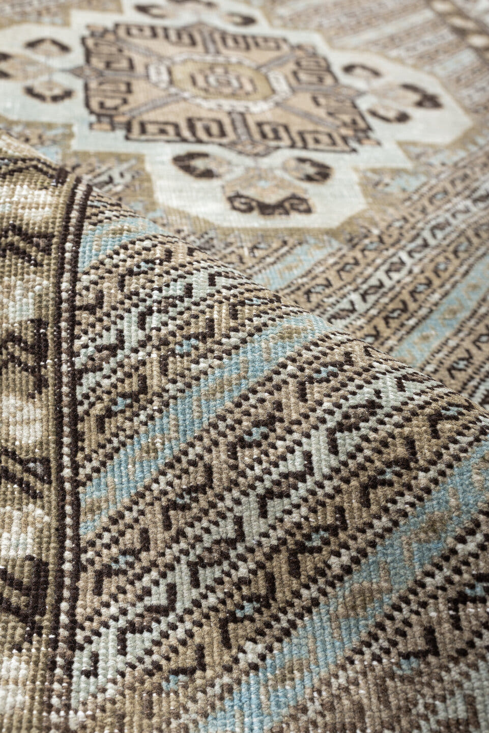 3' x 6' one-of-a-kind handmade antique Malayer small size rug. Color palette: ivory, taupe, camel, pale sky blue, brown
