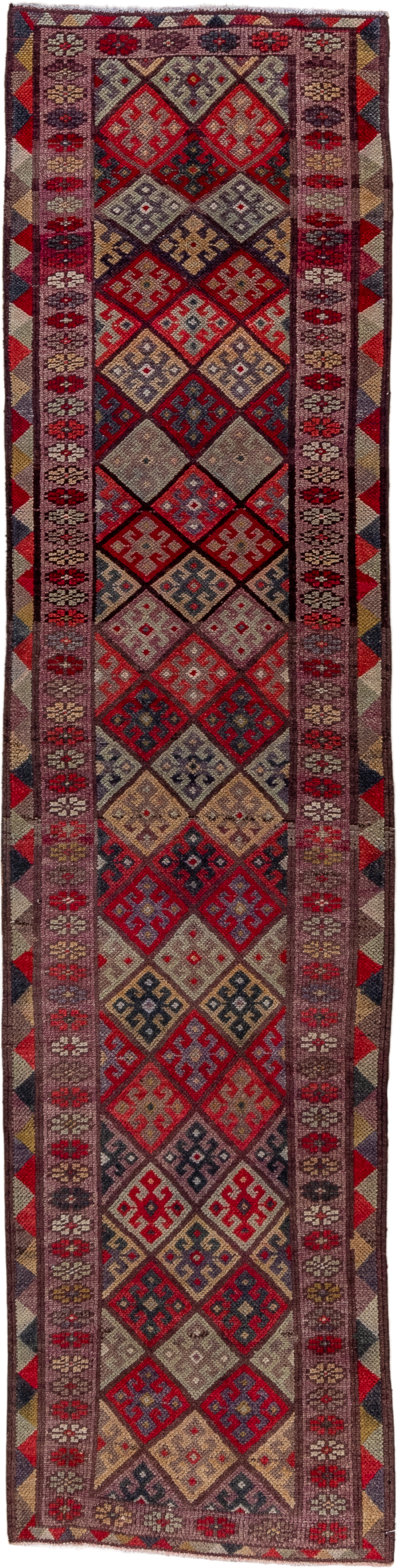 2' x 10' one-of-a-kind handmade vintage Oushak runner rug. Color palette: taupe, rust, burgundy, indigo, ivory, charcoal