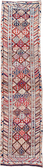 2' x 10' one-of-a-kind handmade vintage Oushak runner rug. Color palette: ivory, rust, blush, navy, taupe, rose, brown