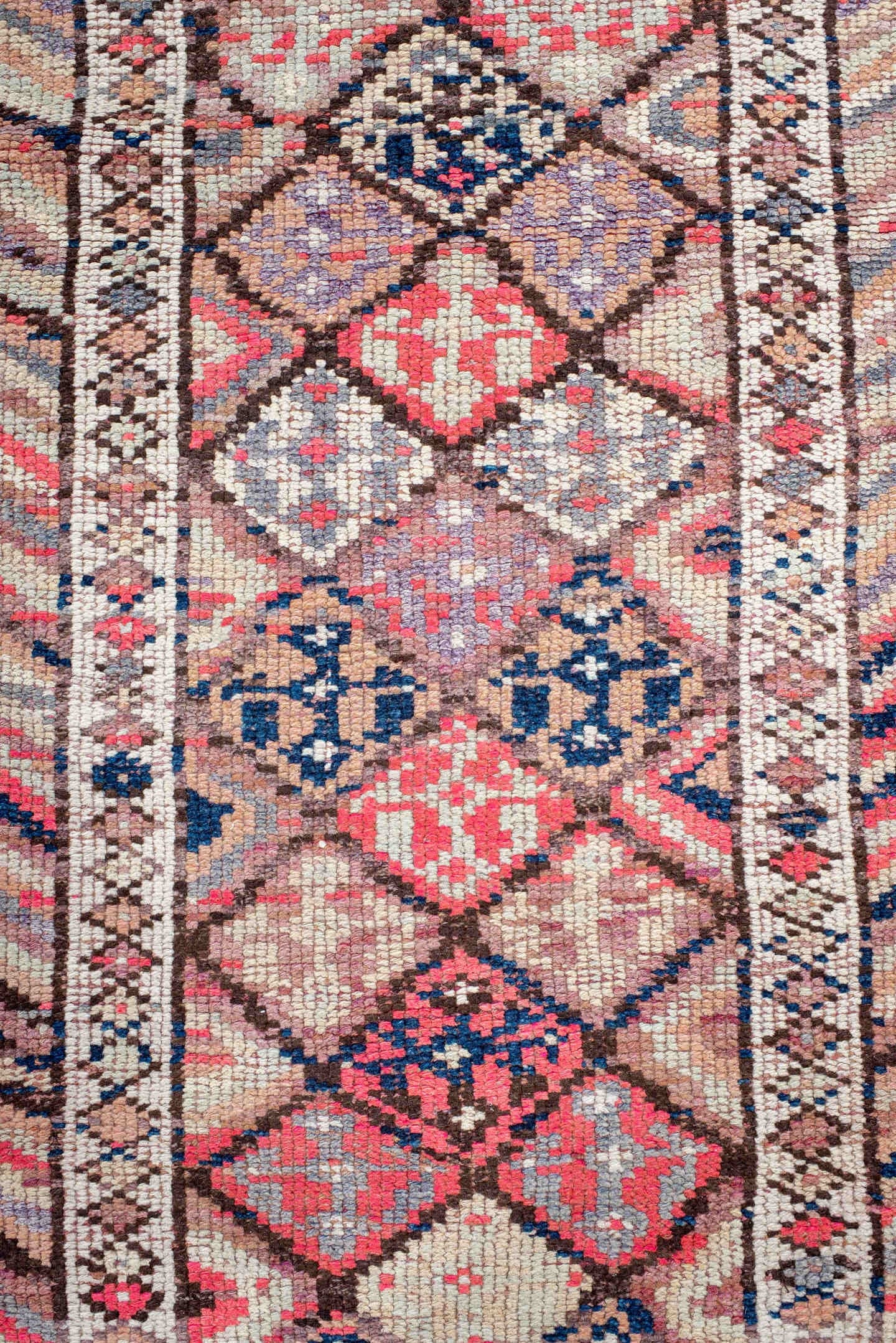2' x 10' one-of-a-kind handmade vintage Oushak runner rug. Color palette: ivory, rust, blush, navy, taupe, rose, brown