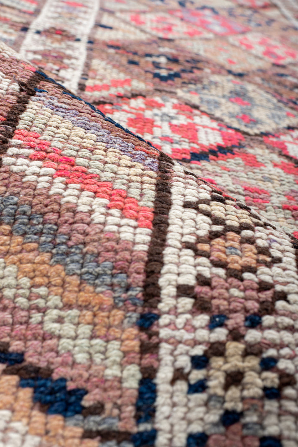 2' x 10' one-of-a-kind handmade vintage Oushak runner rug. Color palette: ivory, rust, blush, navy, taupe, rose, brown