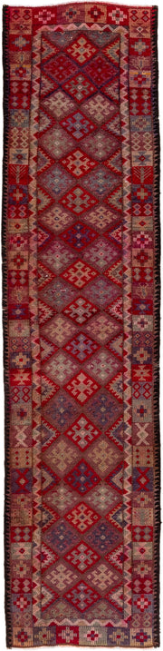 2' x 11' one-of-a-kind handmade vintage Oushak runner rug. Color palette: rose, rust, taupe, burgundy, muted blue, ivory