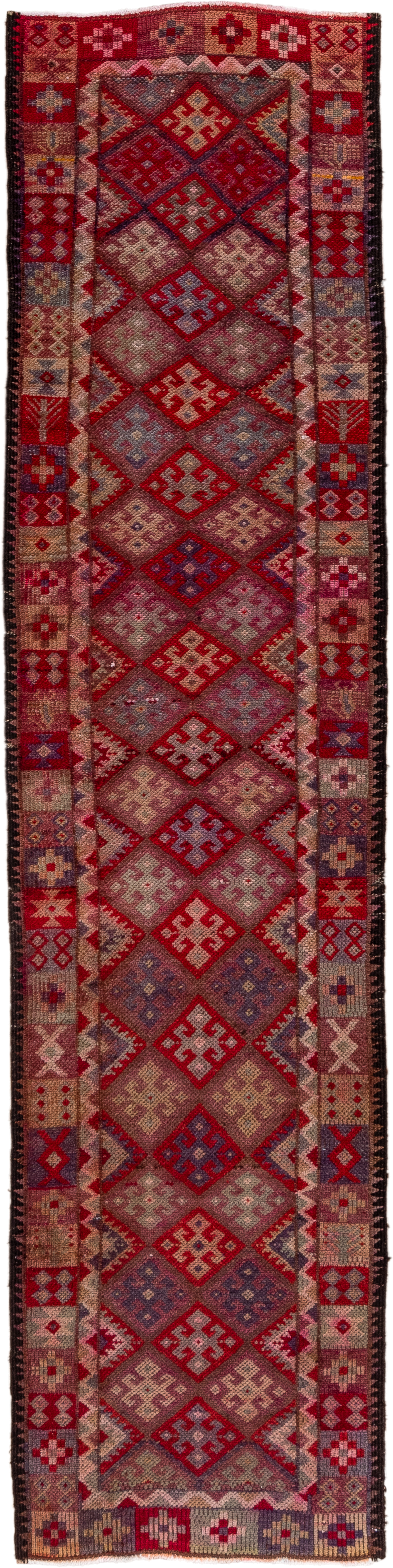 2' x 11' one-of-a-kind handmade vintage Oushak runner rug. Color palette: rose, rust, taupe, burgundy, muted blue, ivory
