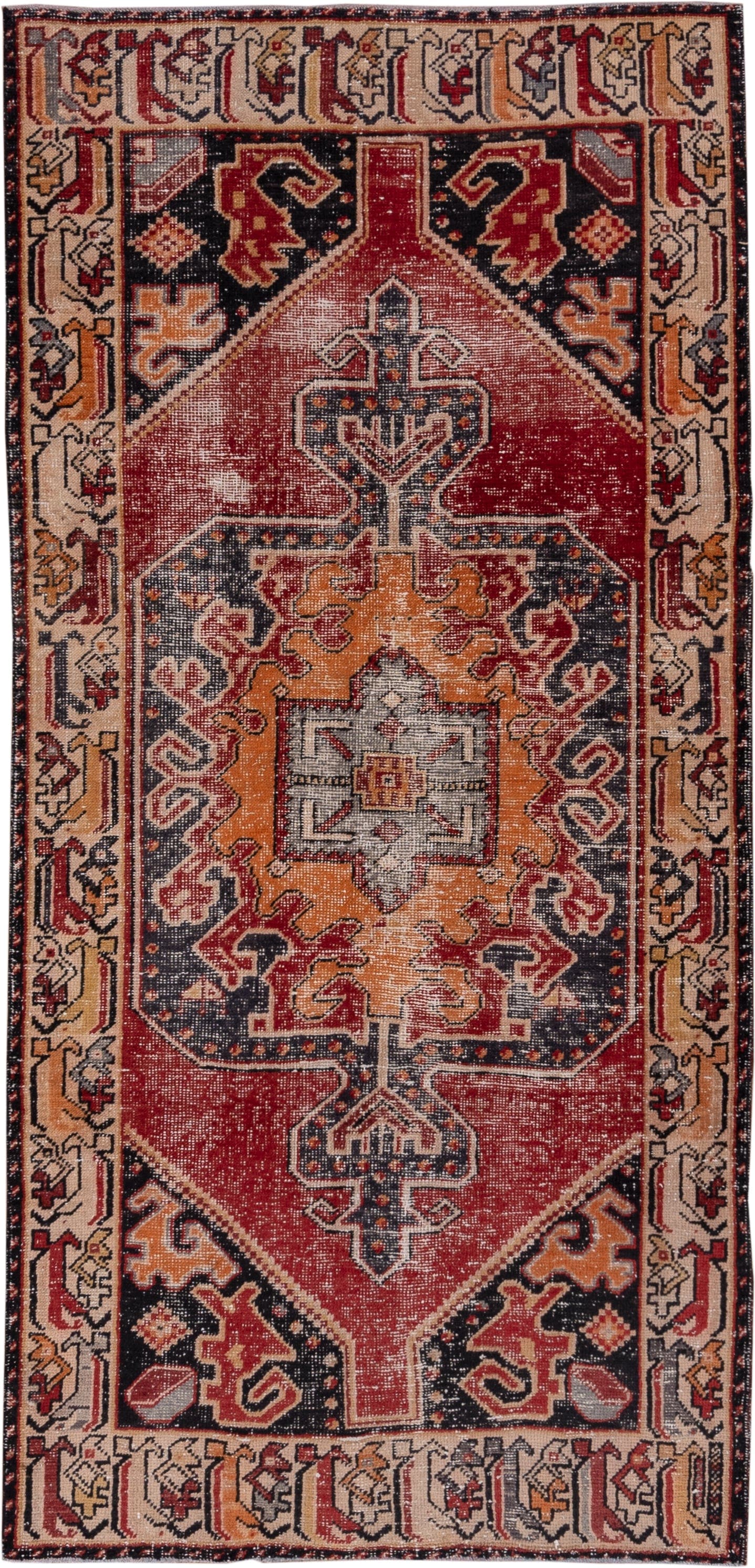 3' x 8' one-of-a-kind handmade vintage Oushak runner rug. Color palette: red, ivory, charcoal, peach, gold, rust, gray