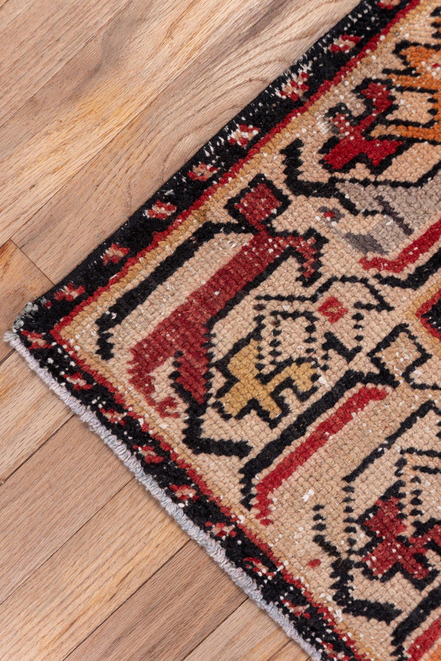 3' x 8' one-of-a-kind handmade vintage Oushak runner rug. Color palette: red, ivory, charcoal, peach, gold, rust, gray