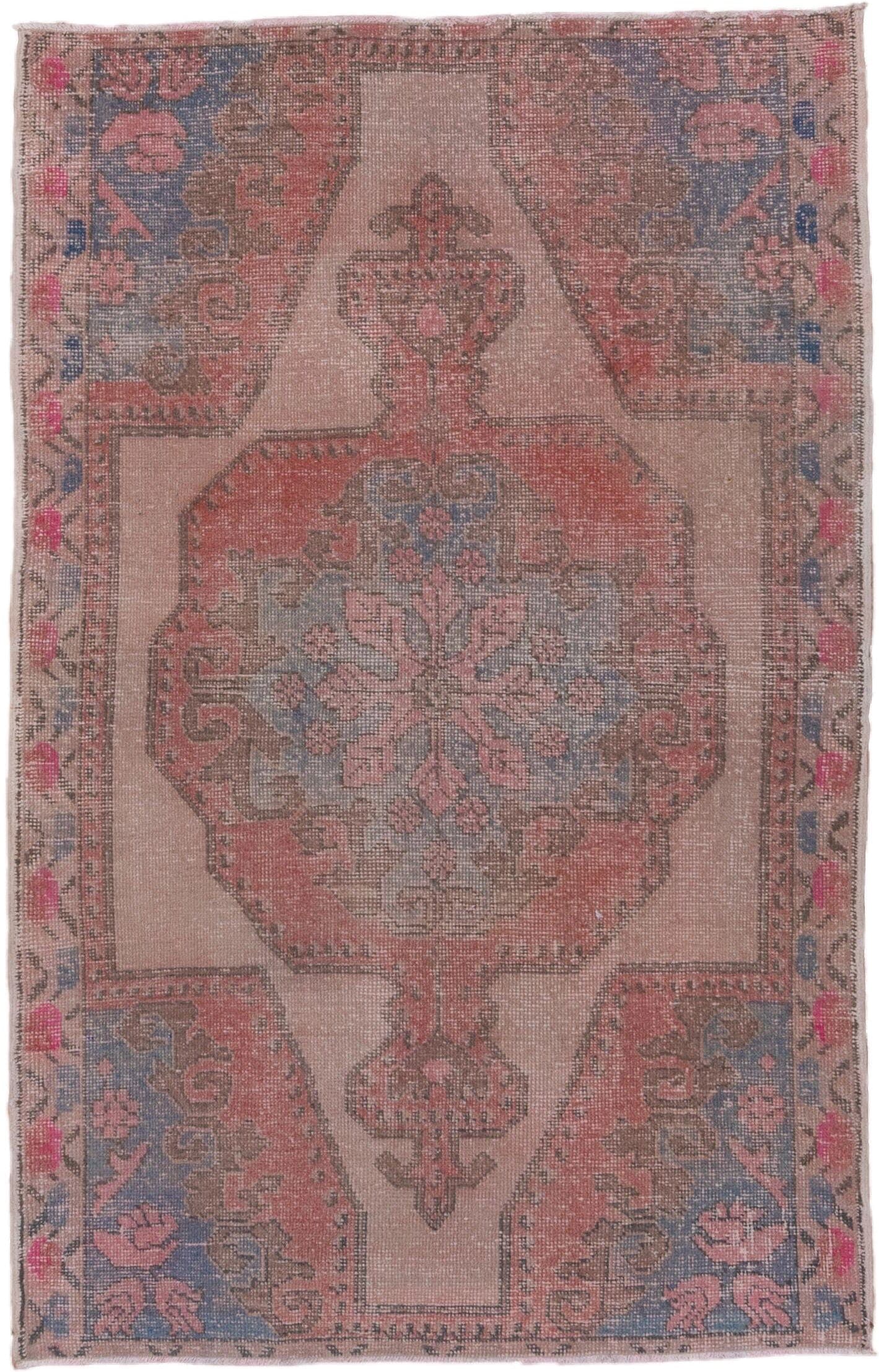 4' x 6' one-of-a-kind handmade vintage Oushak small size rug. Color palette: blush, coral, taupe, slate blue, rose, brown