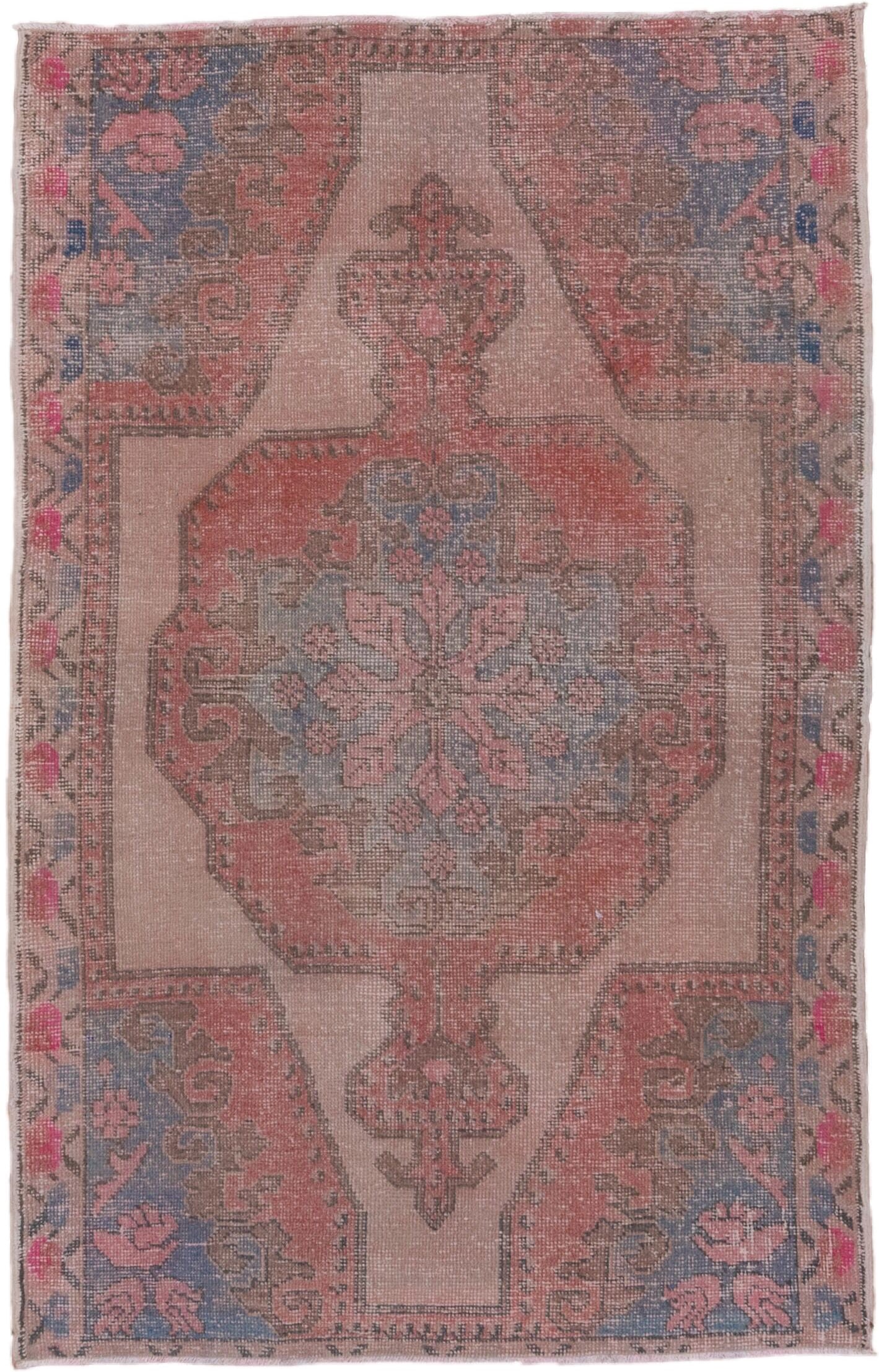 4' x 6' one-of-a-kind handmade vintage Oushak small size rug. Color palette: blush, coral, taupe, slate blue, rose, brown