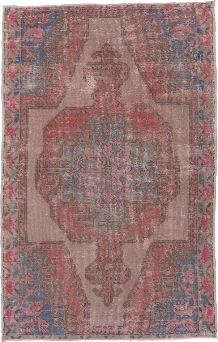 4' x 6' one-of-a-kind handmade vintage Oushak small size rug. Color palette: blush, coral, taupe, slate blue, rose, brown