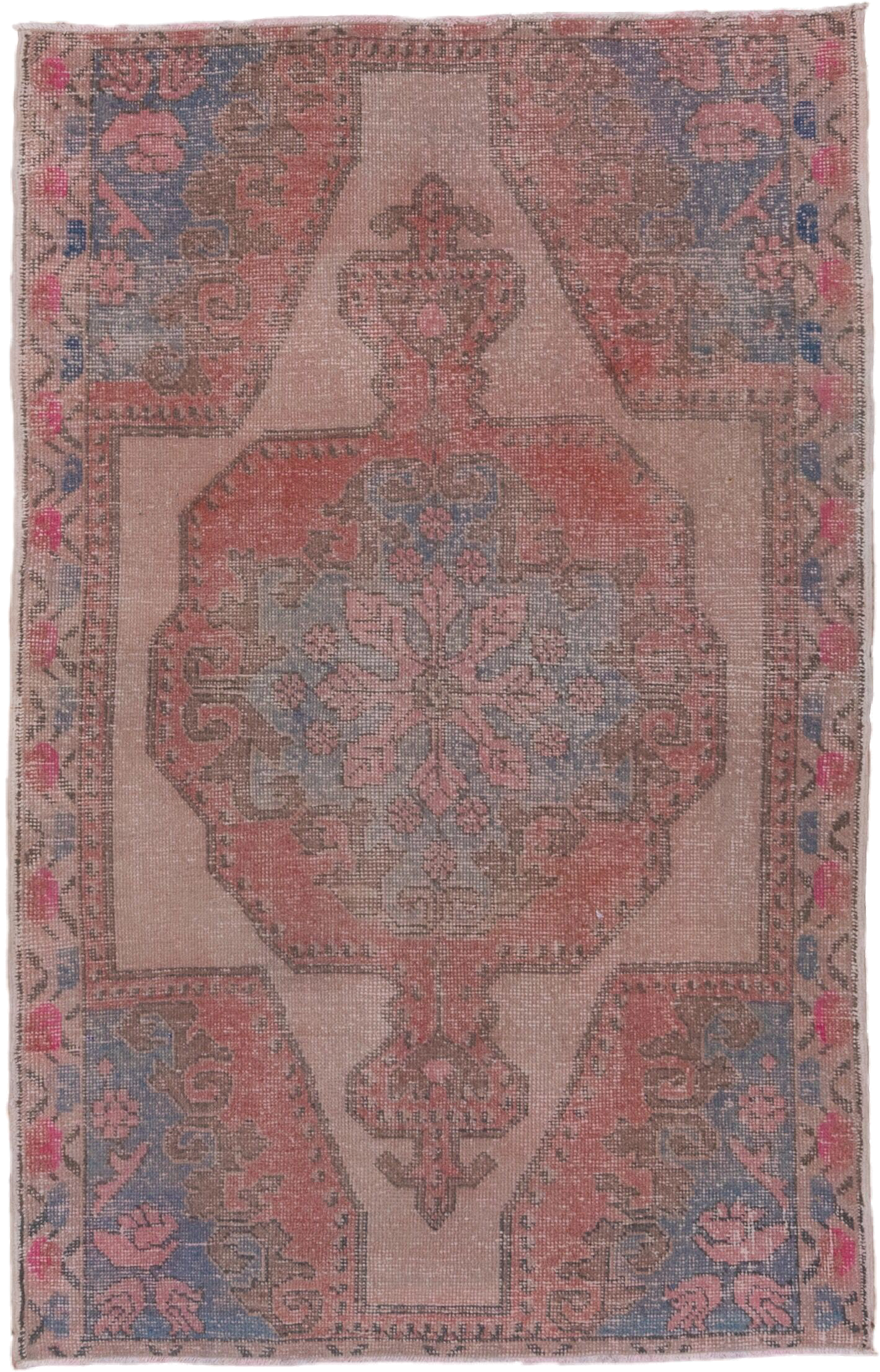 4' x 6' one-of-a-kind handmade vintage Oushak small size rug. Color palette: blush, coral, taupe, slate blue, rose, brown