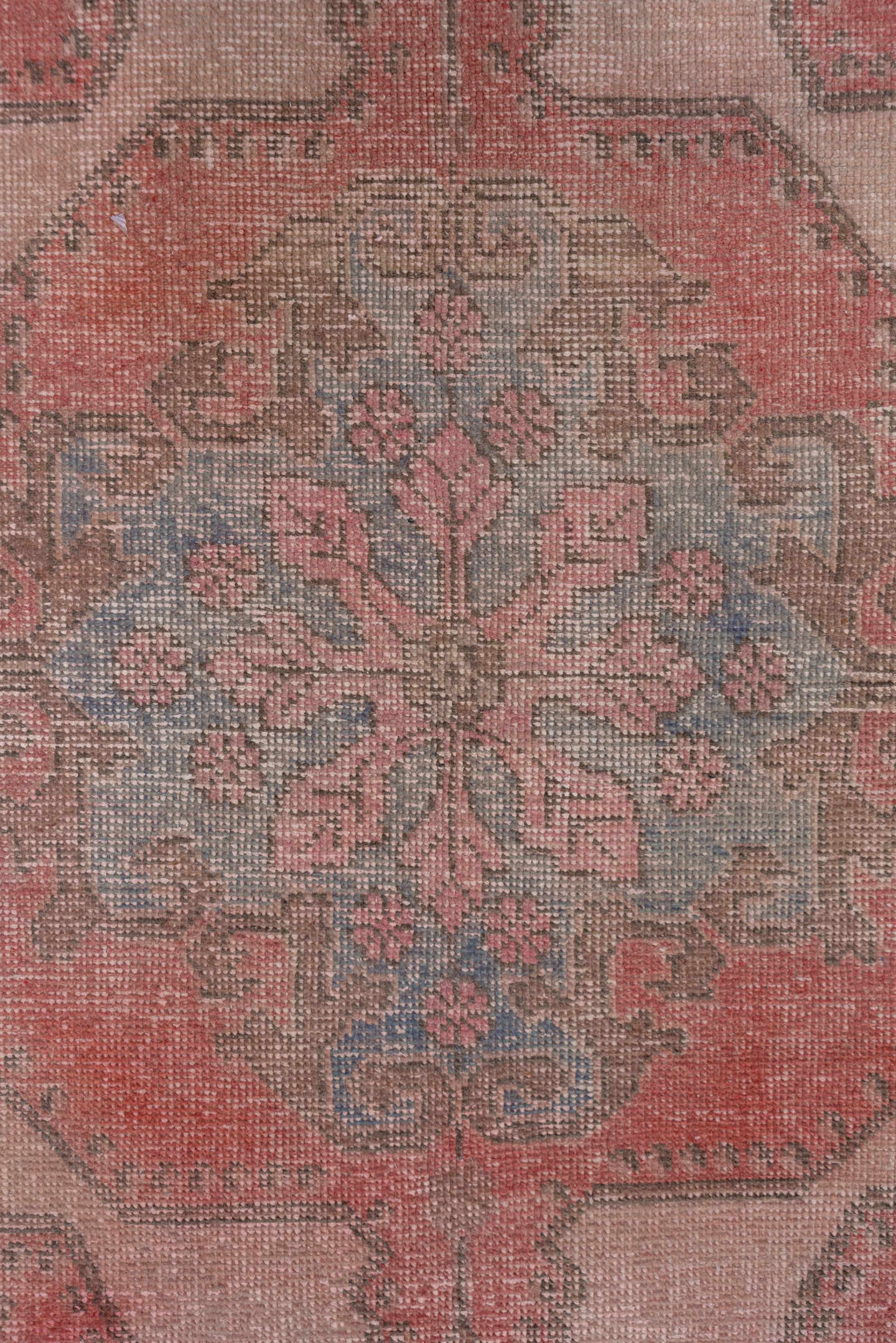 4' x 6' one-of-a-kind handmade vintage Oushak small size rug. Color palette: blush, coral, taupe, slate blue, rose, brown