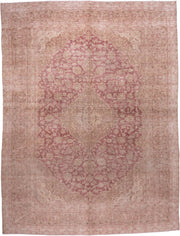 9' x 13' one-of-a-kind handmade vintage Kashan large size rug. Color palette: rose, ivory, blush, taupe, dusty pink, beige