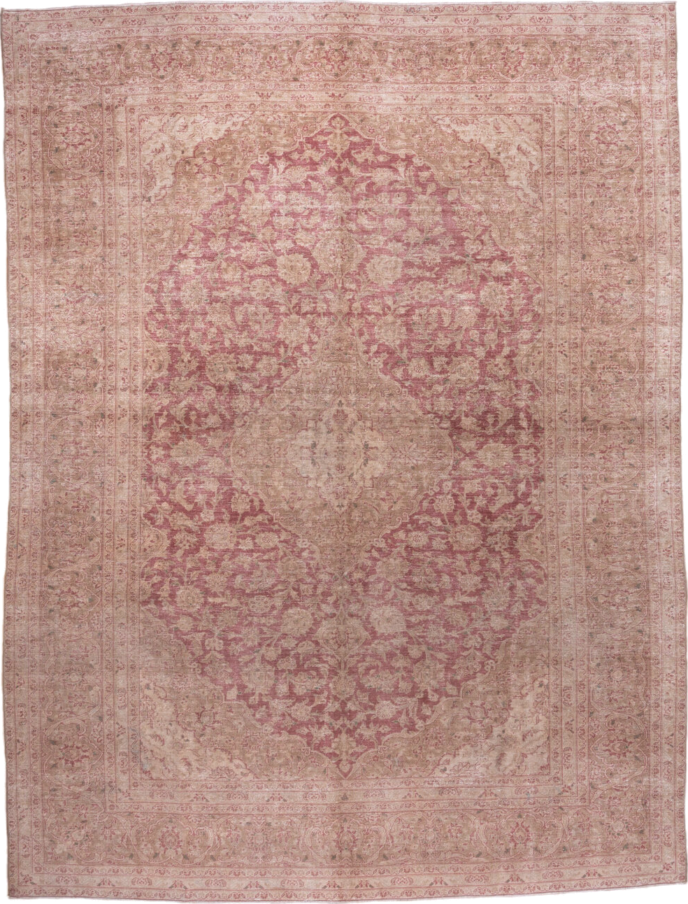 9' x 13' one-of-a-kind handmade vintage Kashan large size rug. Color palette: rose, ivory, blush, taupe, dusty pink, beige