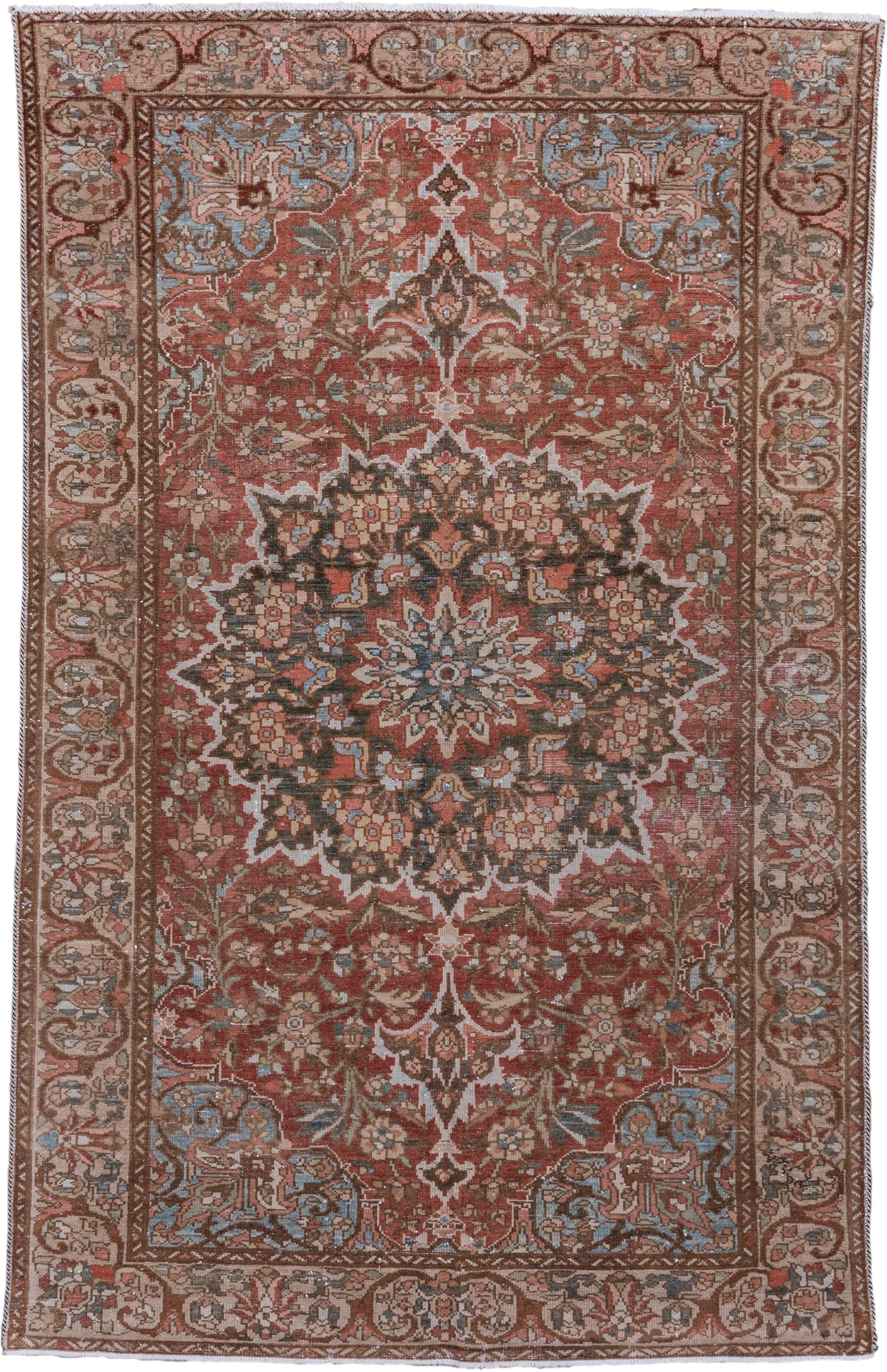 4' x 6' one-of-a-kind handmade vintage Baktiary small size rug. Color palette: rust, taupe, ivory, sky blue, brown, rose