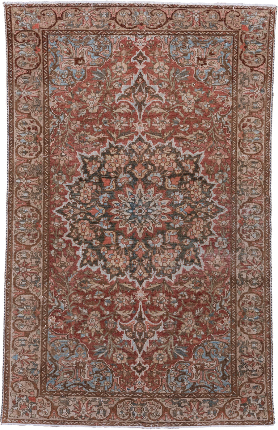 4' x 6' one-of-a-kind handmade vintage Baktiary small size rug. Color palette: rust, taupe, ivory, sky blue, brown, rose