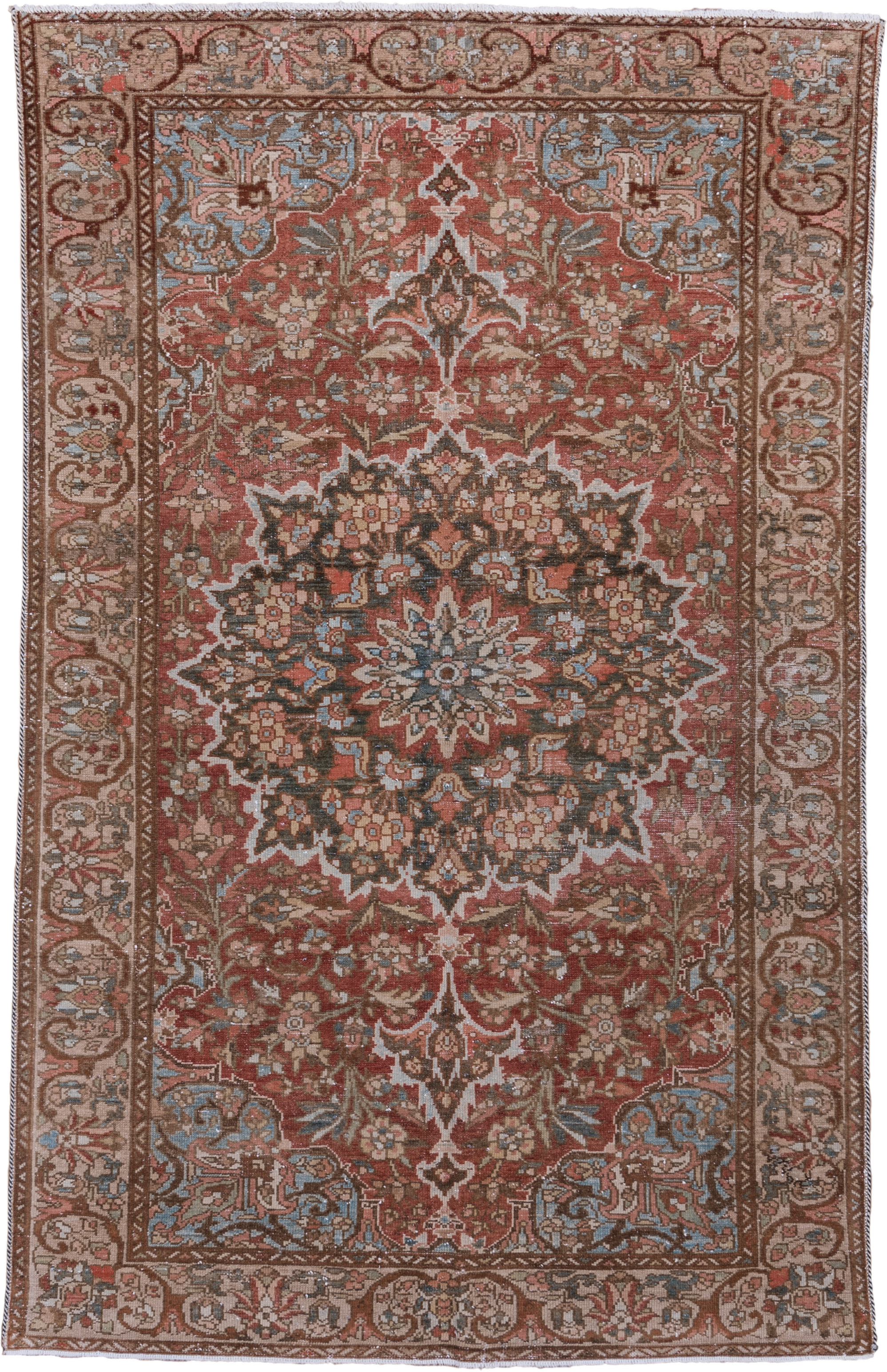 4' x 6' one-of-a-kind handmade vintage Baktiary small size rug. Color palette: rust, taupe, ivory, sky blue, brown, rose