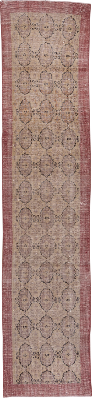 2' x 10' one-of-a-kind handmade vintage Oushak runner rug. Color palette: brown, gray, light gray, off-white, pink, red