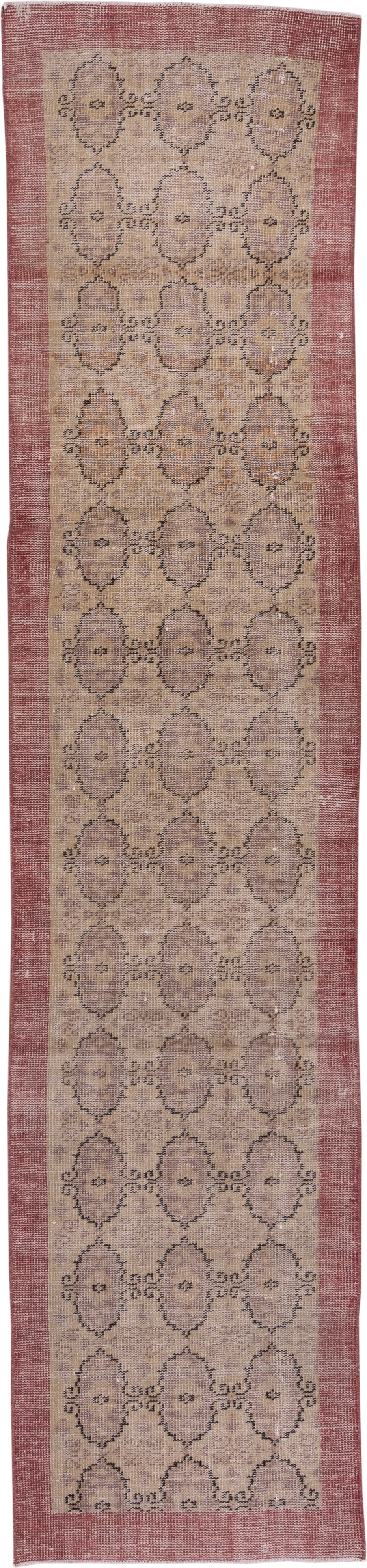 2' x 10' one-of-a-kind handmade vintage Oushak runner rug. Color palette: rose, beige, taupe, dusty mauve, brown, pink, red