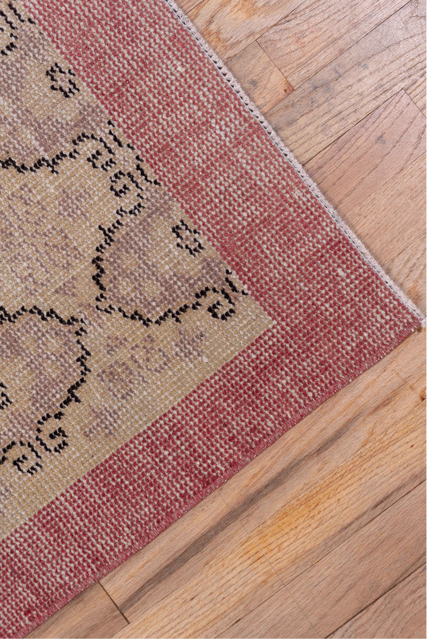 2' x 10' one-of-a-kind handmade vintage Oushak runner rug. Color palette: rose, beige, taupe, dusty mauve, brown, pink, red