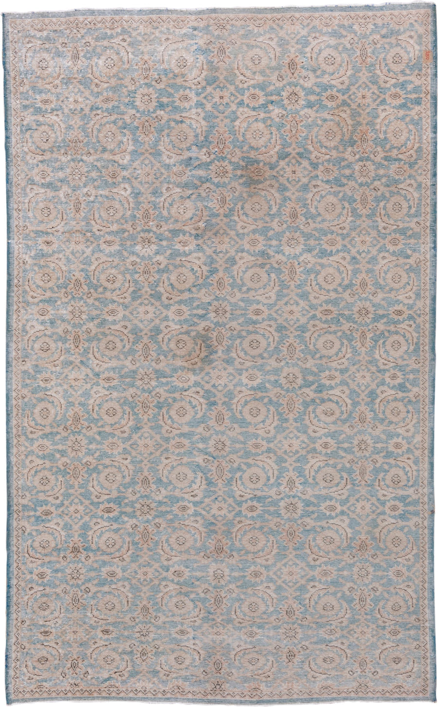 5' x 9' one-of-a-kind handmade antique Oushak medium size rug. Color palette: pale blue, ivory, taupe, beige, soft gray