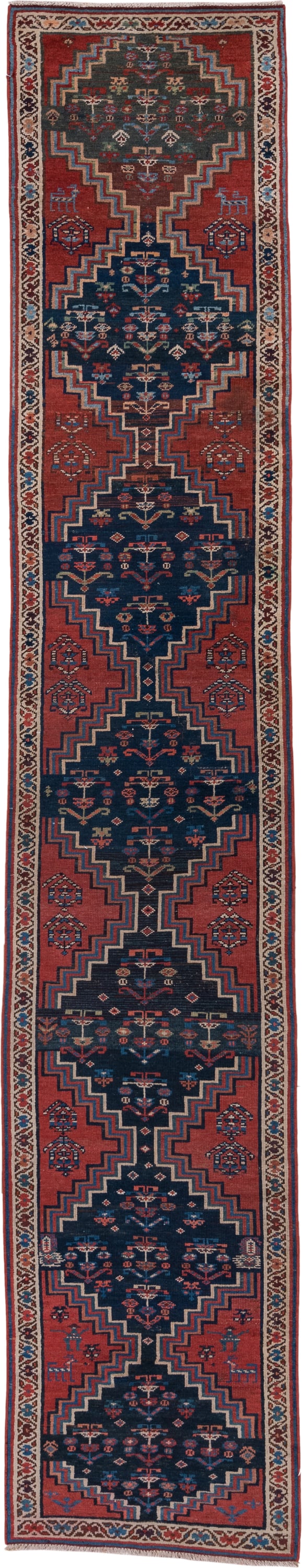 2' x 12' one-of-a-kind handmade antique Malayer runner rug. Color palette: rust, navy, ivory, camel, slate, rose, terracotta