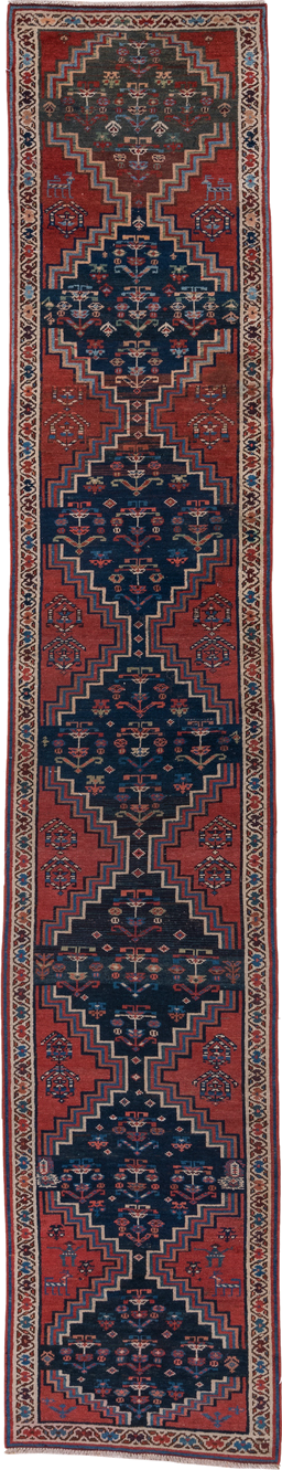 2' x 12' one-of-a-kind handmade vintage Malayer runner rug. Color palette: black, blue, brown, dim gray, fiord, gray, pink