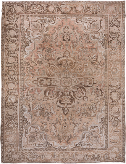 9' x 12' one-of-a-kind handmade vintage Heriz large size rug. Color palette: taupe, blush, brown, ivory, beige, gray, pink