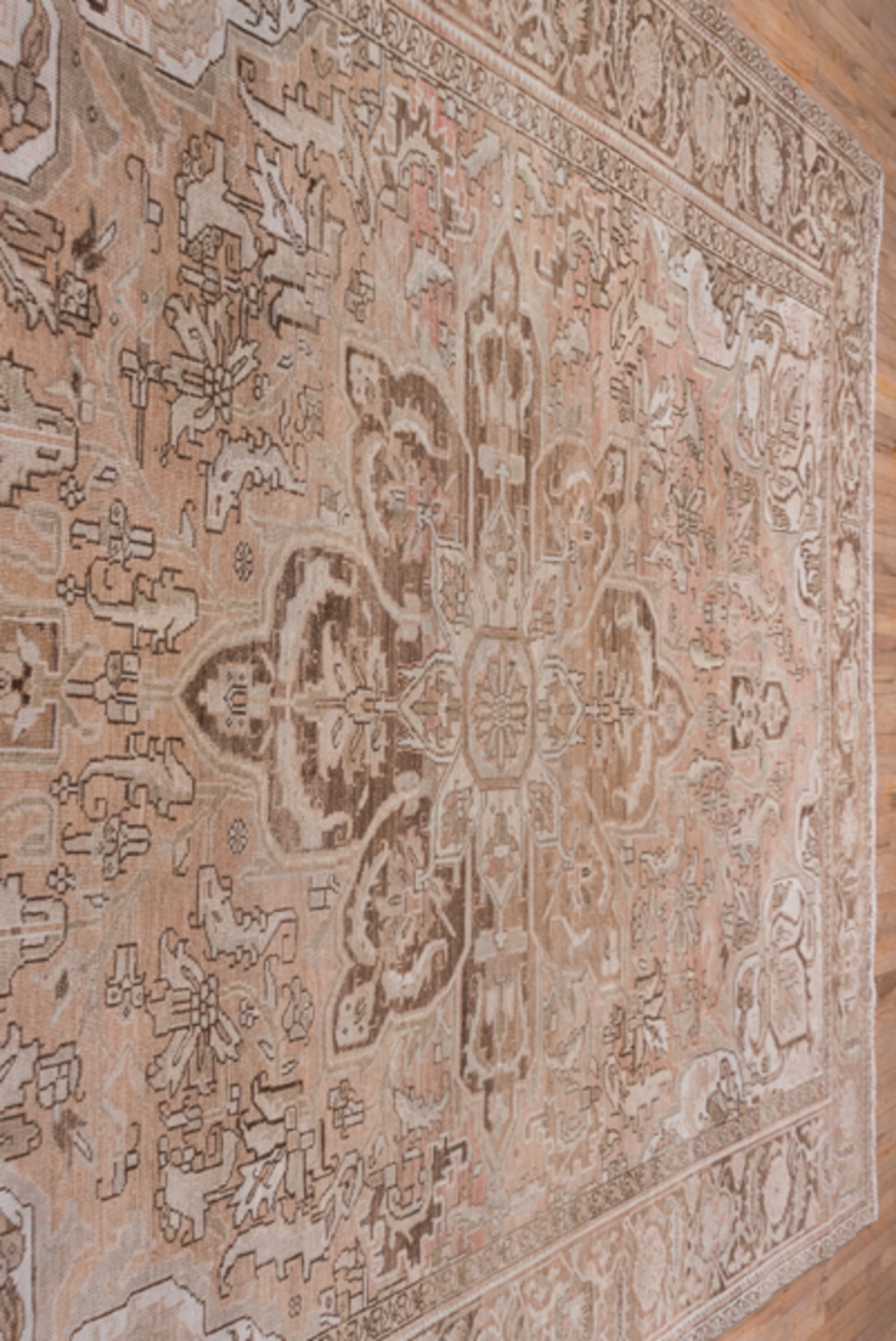 9' x 12' one-of-a-kind handmade vintage Heriz large size rug. Color palette: taupe, blush, brown, ivory, beige, gray, pink