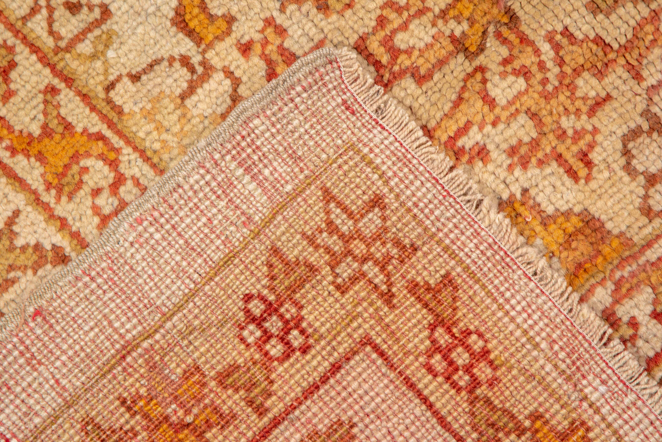 8' x 10' one-of-a-kind handmade antique Oushak large size rug. Color palette: ivory, apricot, sand, peach, camel, gold