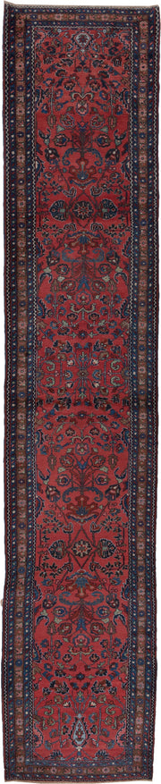 3' x 16' one-of-a-kind handmade vintage Lilian runner rug. Color palette: rust, navy, indigo, rose, ivory, charcoal