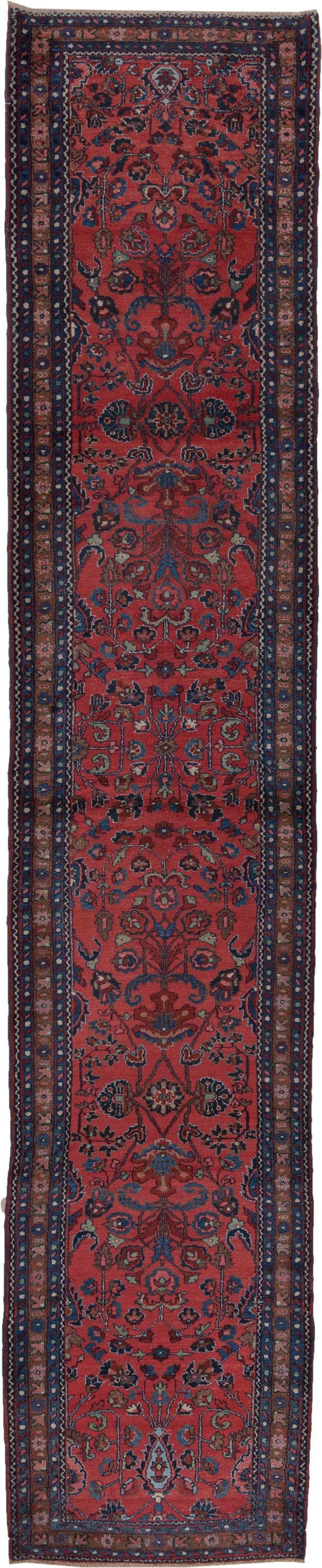 3' x 16' one-of-a-kind handmade vintage Lilian runner rug. Color palette: rust, navy, indigo, rose, ivory, charcoal