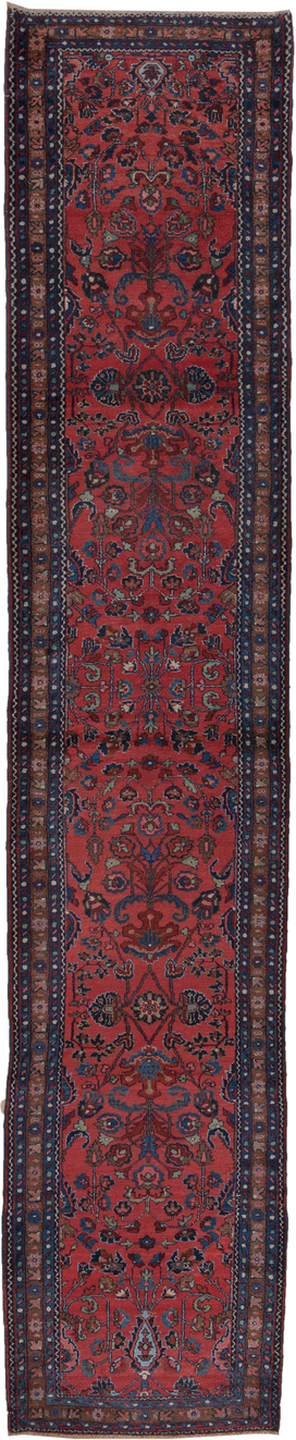 3' x 16' one-of-a-kind handmade vintage Lilian runner rug. Color palette: rust, navy, indigo, rose, ivory, charcoal