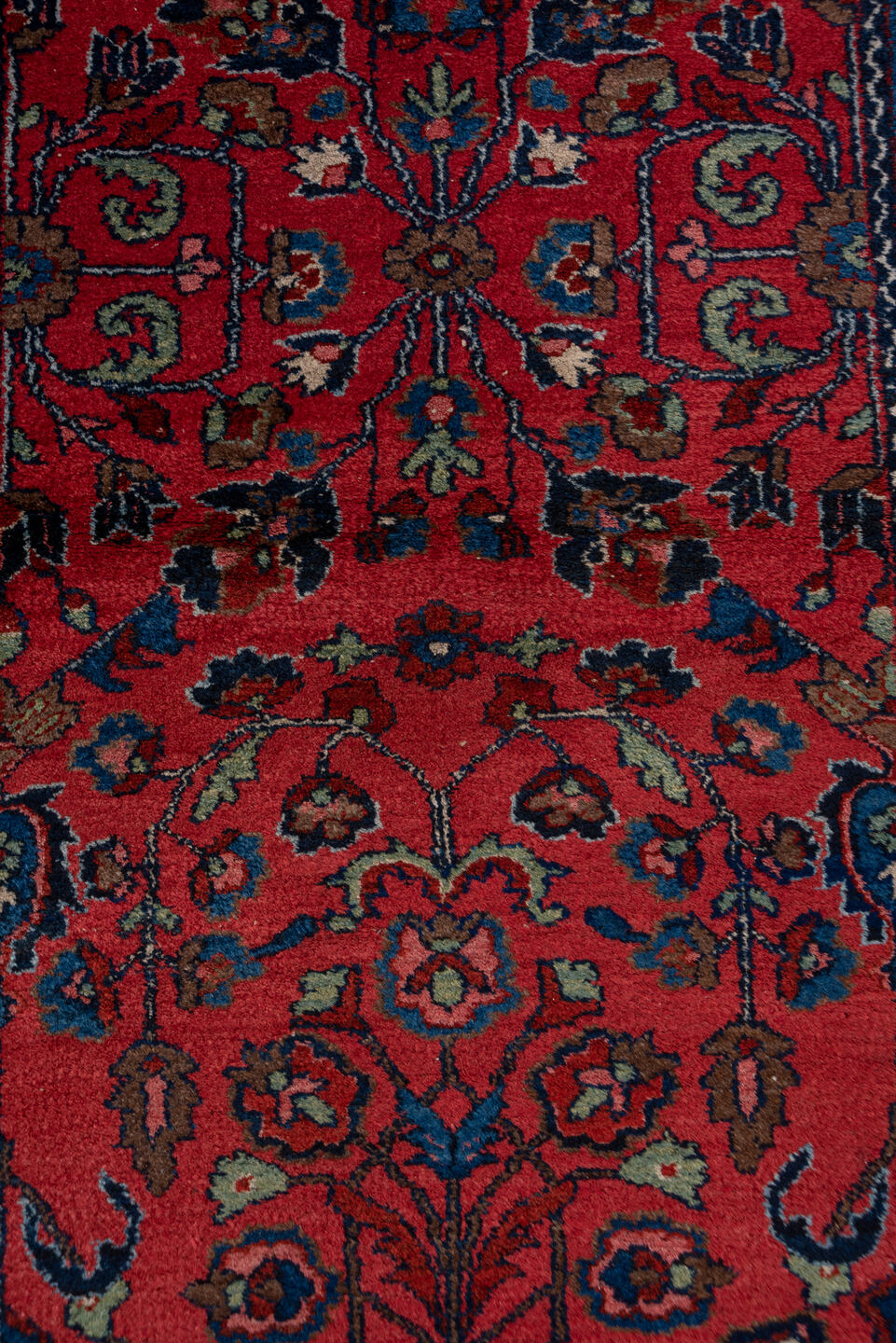 3' x 16' one-of-a-kind handmade vintage Lilian runner rug. Color palette: rust, navy, indigo, rose, ivory, charcoal