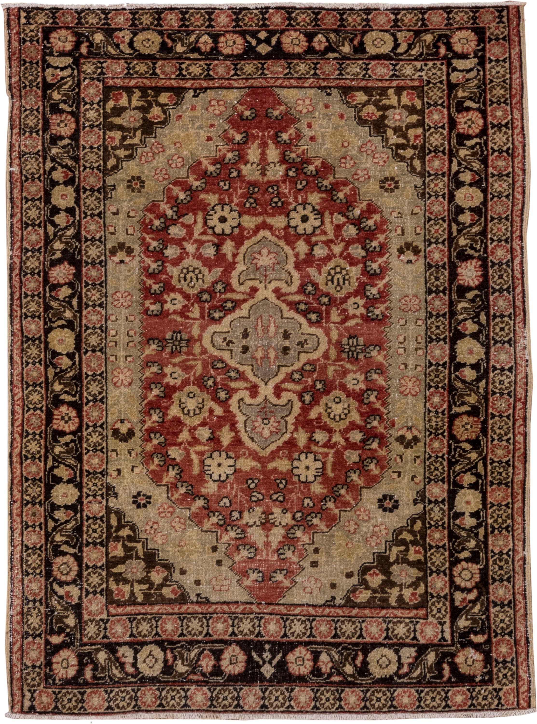 4' x 5' one-of-a-kind handmade vintage Oushak small size rug. Color palette: ivory, terracotta, brown, rose, charcoal, taupe