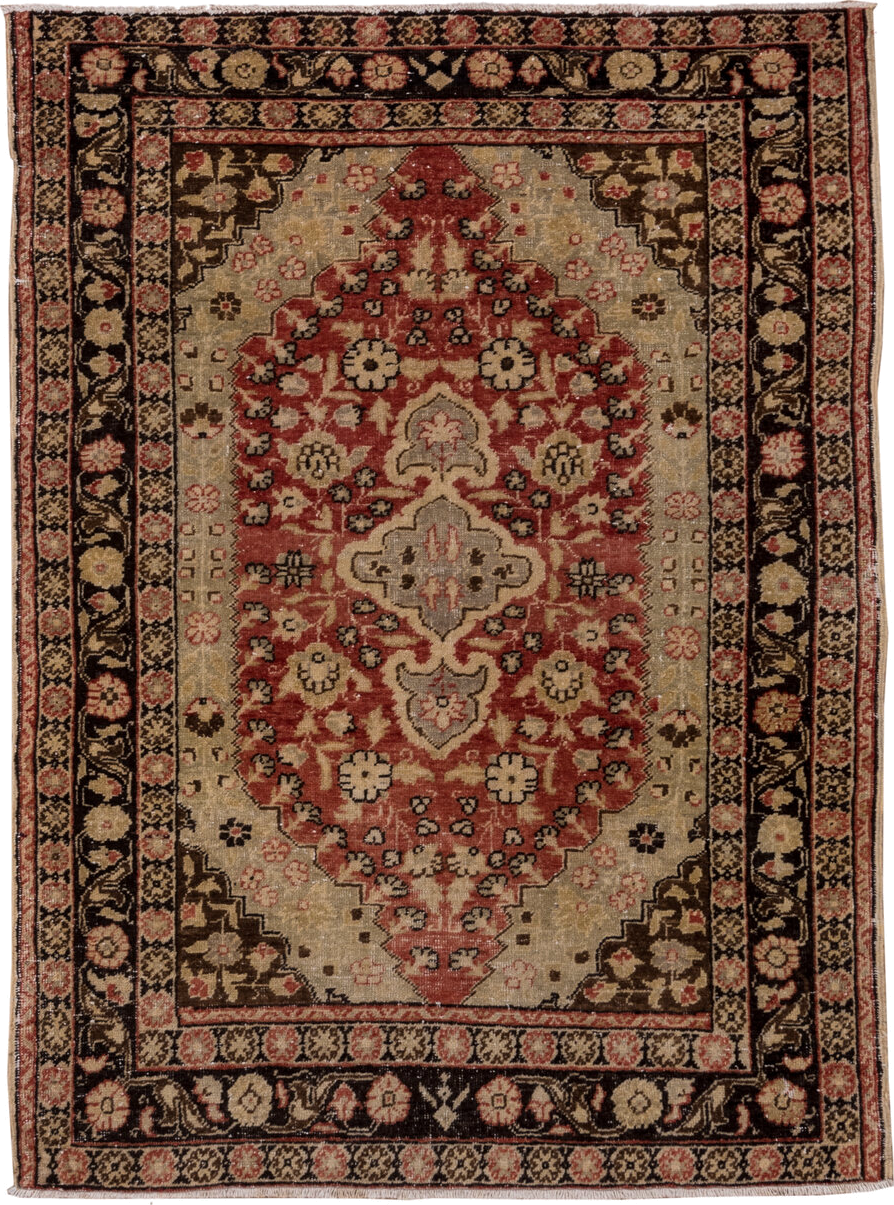 4' x 5' one-of-a-kind handmade vintage Oushak small size rug. Color palette: ivory, terracotta, brown, rose, charcoal, taupe