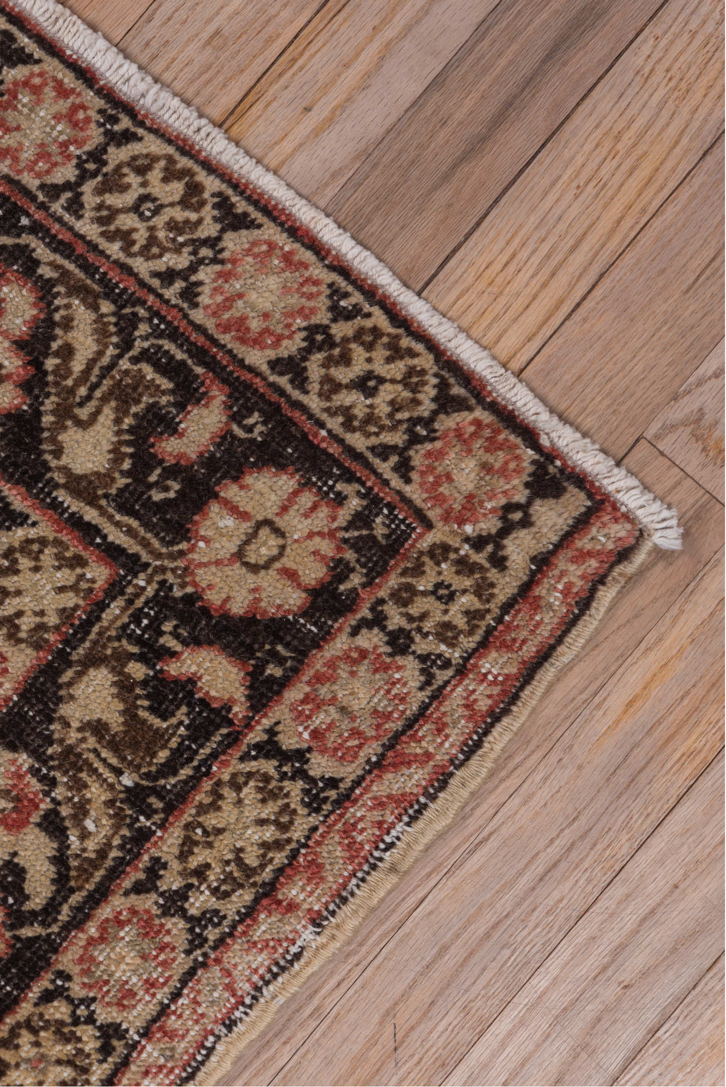 4' x 5' one-of-a-kind handmade vintage Oushak small size rug. Color palette: ivory, terracotta, brown, rose, charcoal, taupe