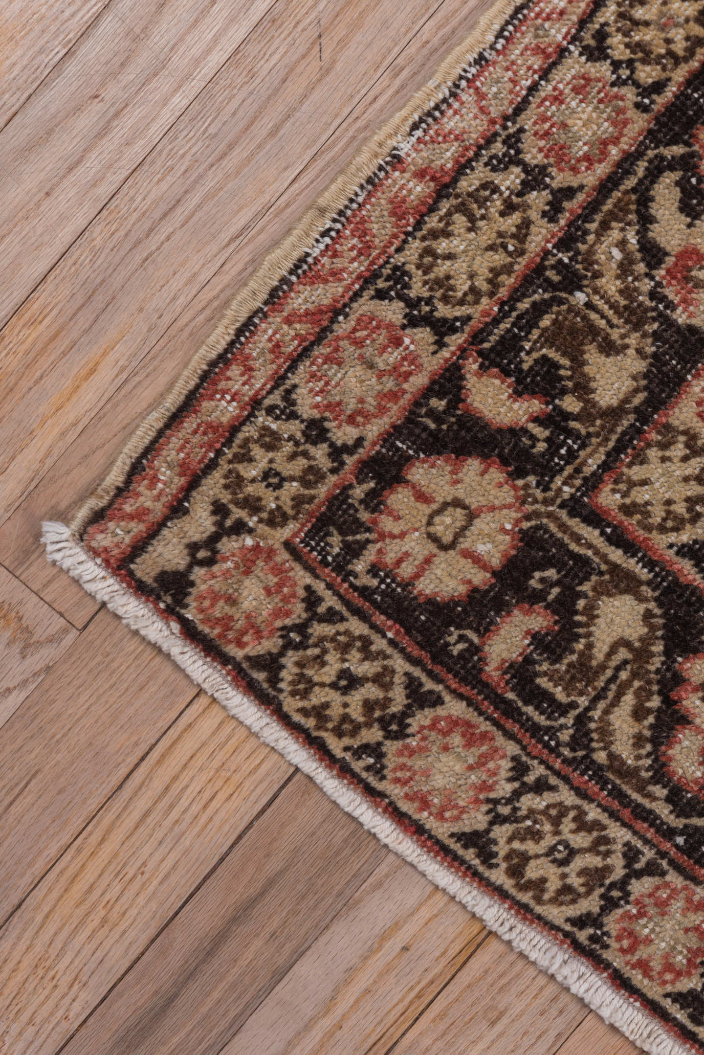 4' x 5' one-of-a-kind handmade vintage Oushak small size rug. Color palette: ivory, terracotta, brown, rose, charcoal, taupe