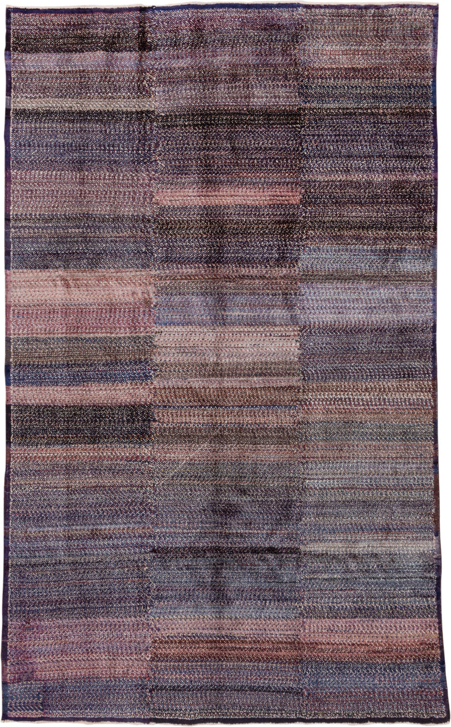 5' x 9' one-of-a-kind handmade vintage Sparta medium size rug. Color palette: indigo, plum, charcoal, rose, lavender, taupe