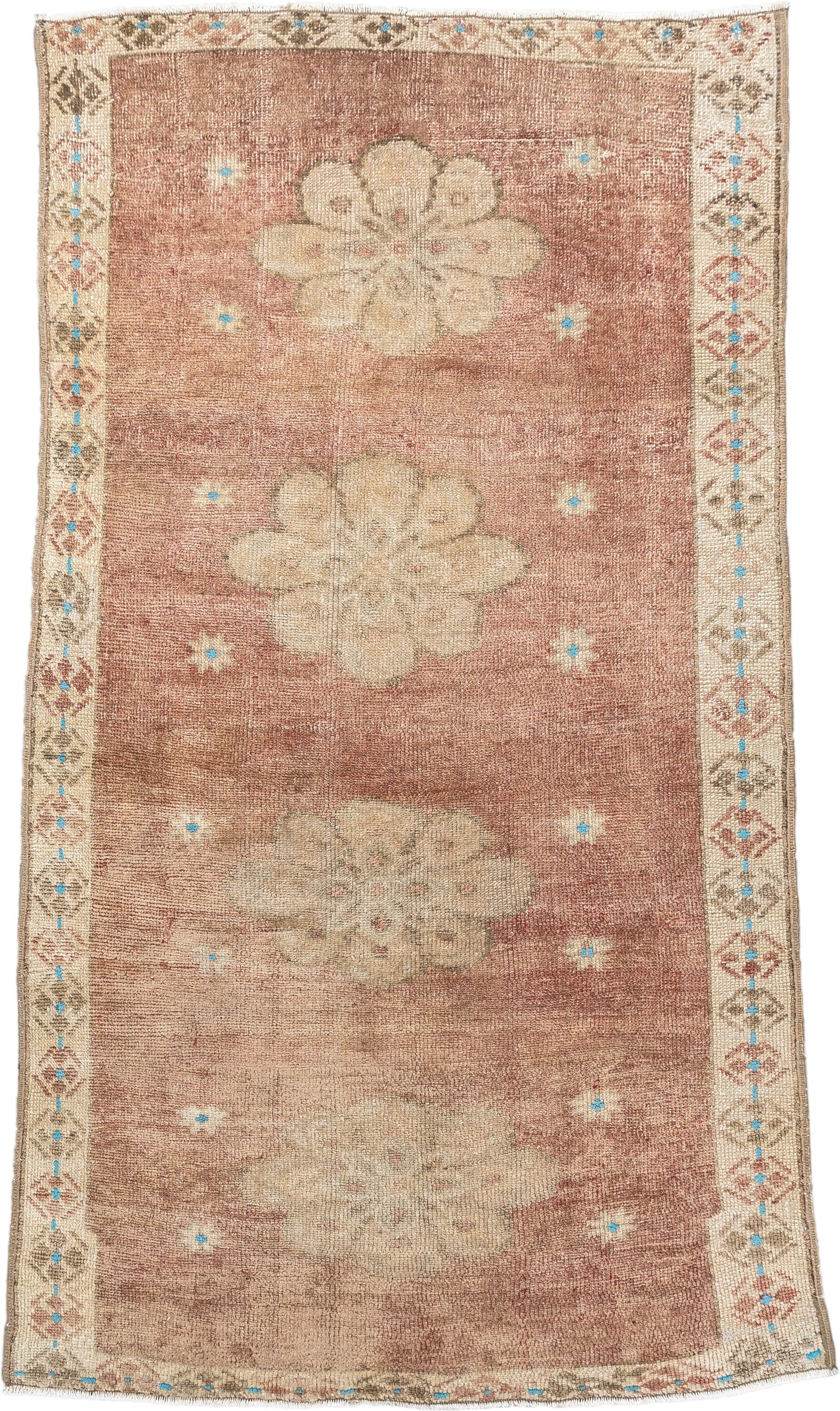 3' x 5' one-of-a-kind handmade vintage Oushak small size rug. Color palette: rose, ivory, taupe, sky_blue, terracotta, camel