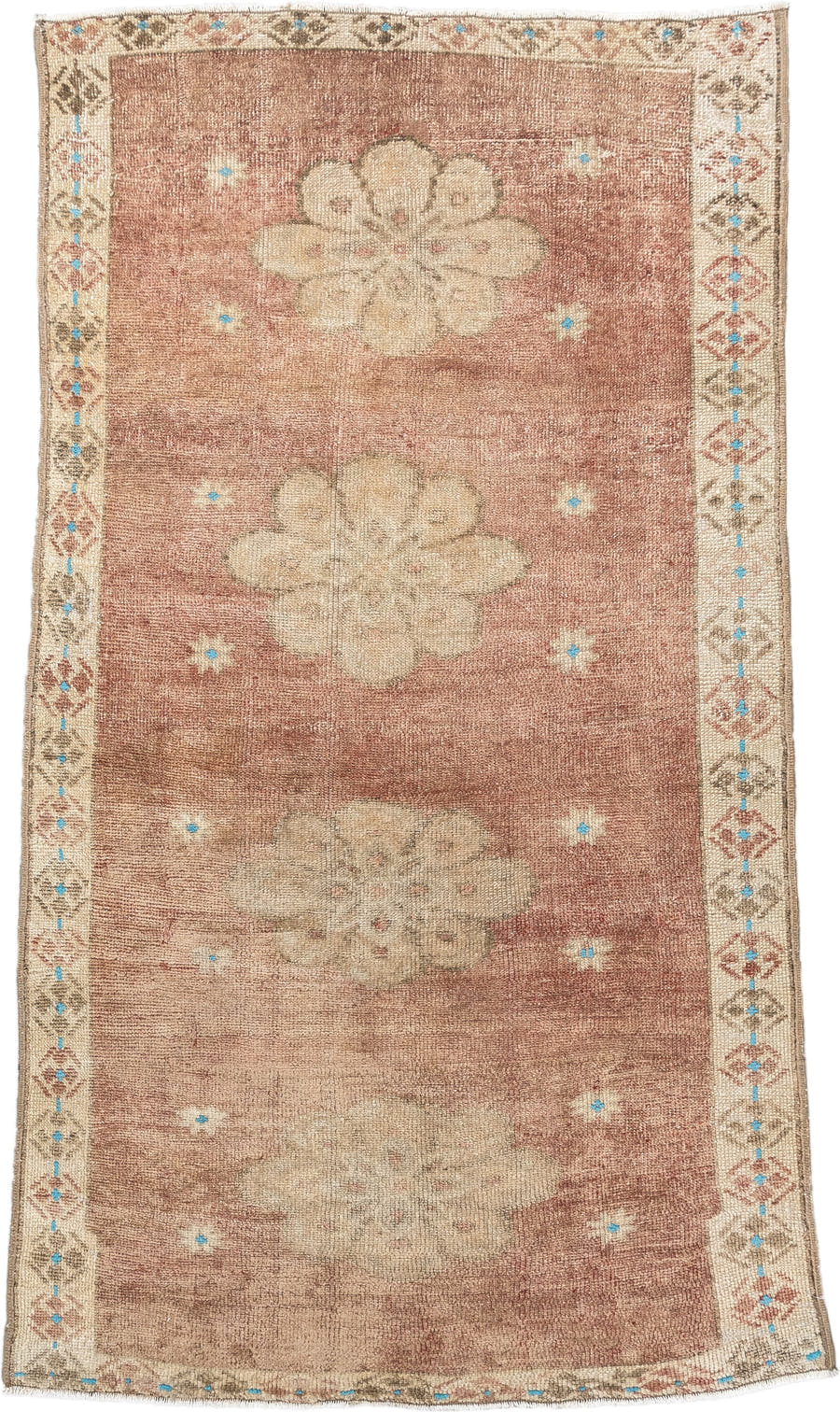 3' x 5' one-of-a-kind handmade vintage Oushak small size rug. Color palette: rose, ivory, taupe, sky_blue, terracotta, camel