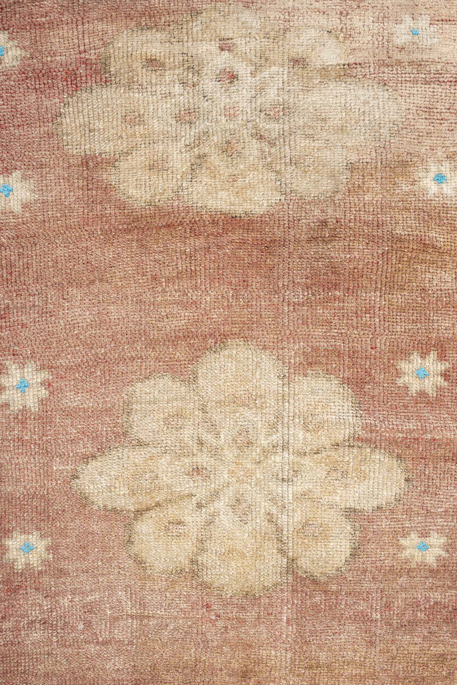 3' x 5' one-of-a-kind handmade vintage Oushak small size rug. Color palette: rose, ivory, taupe, sky_blue, terracotta, camel
