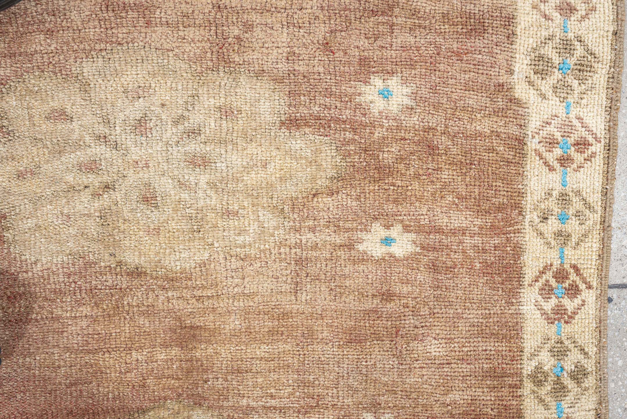 3' x 5' one-of-a-kind handmade vintage Oushak small size rug. Color palette: rose, ivory, taupe, sky_blue, terracotta, camel