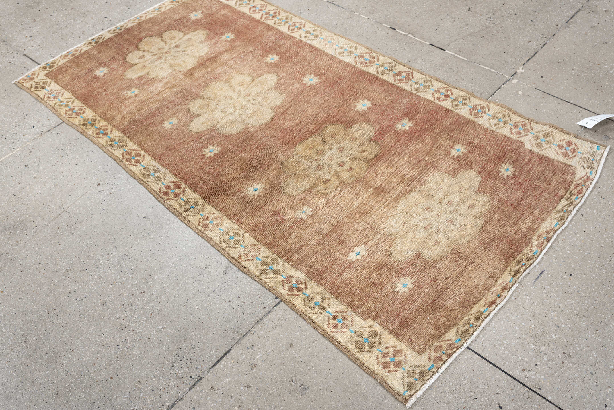 3' x 5' one-of-a-kind handmade vintage Oushak small size rug. Color palette: rose, ivory, taupe, sky_blue, terracotta, camel