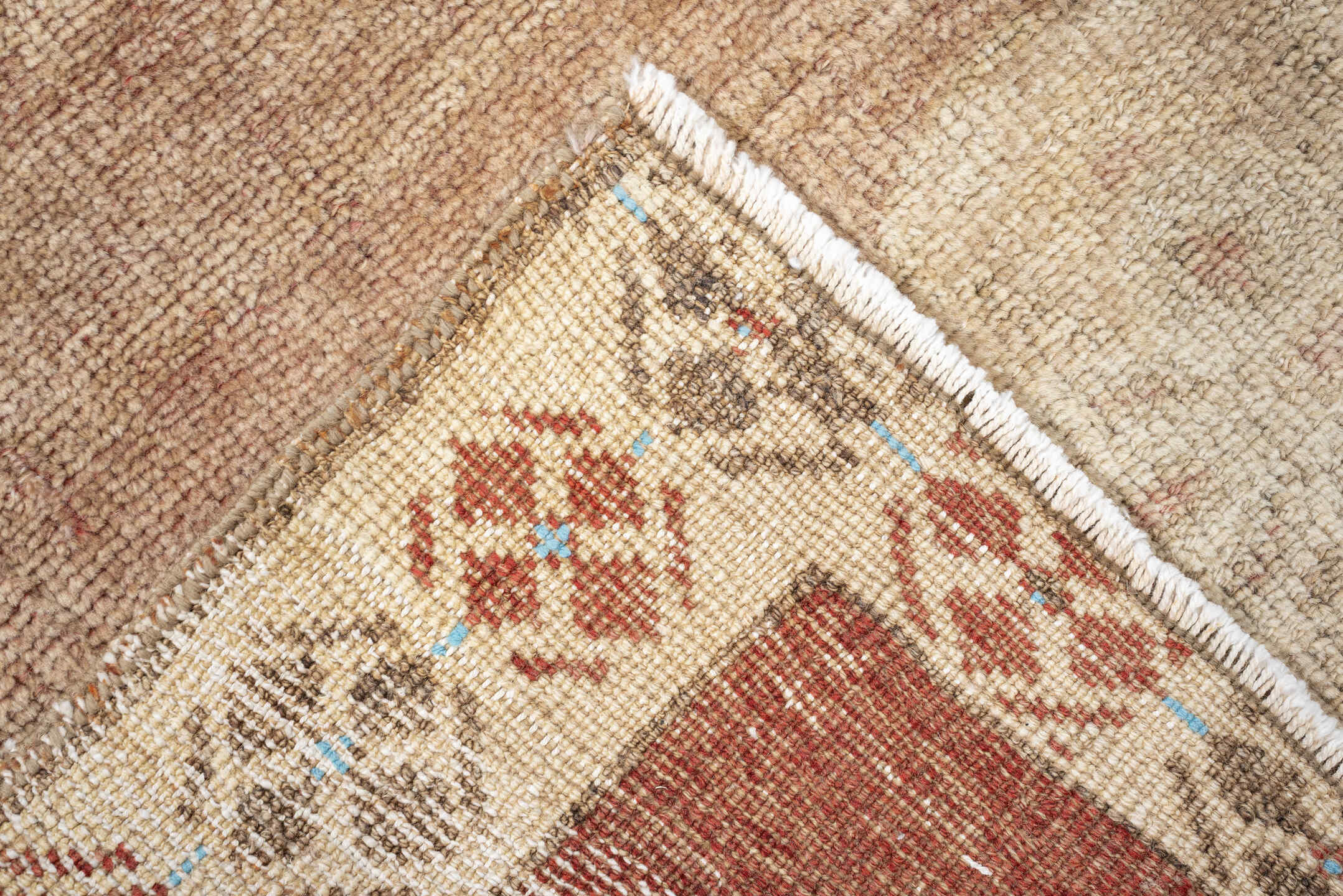 3' x 5' one-of-a-kind handmade vintage Oushak small size rug. Color palette: rose, ivory, taupe, sky_blue, terracotta, camel